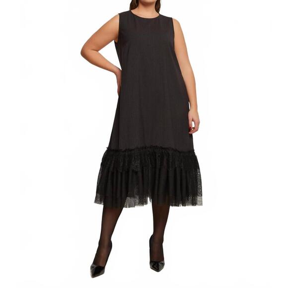 NEW MAT FASHION pinstripe shift dress with lace hem in black